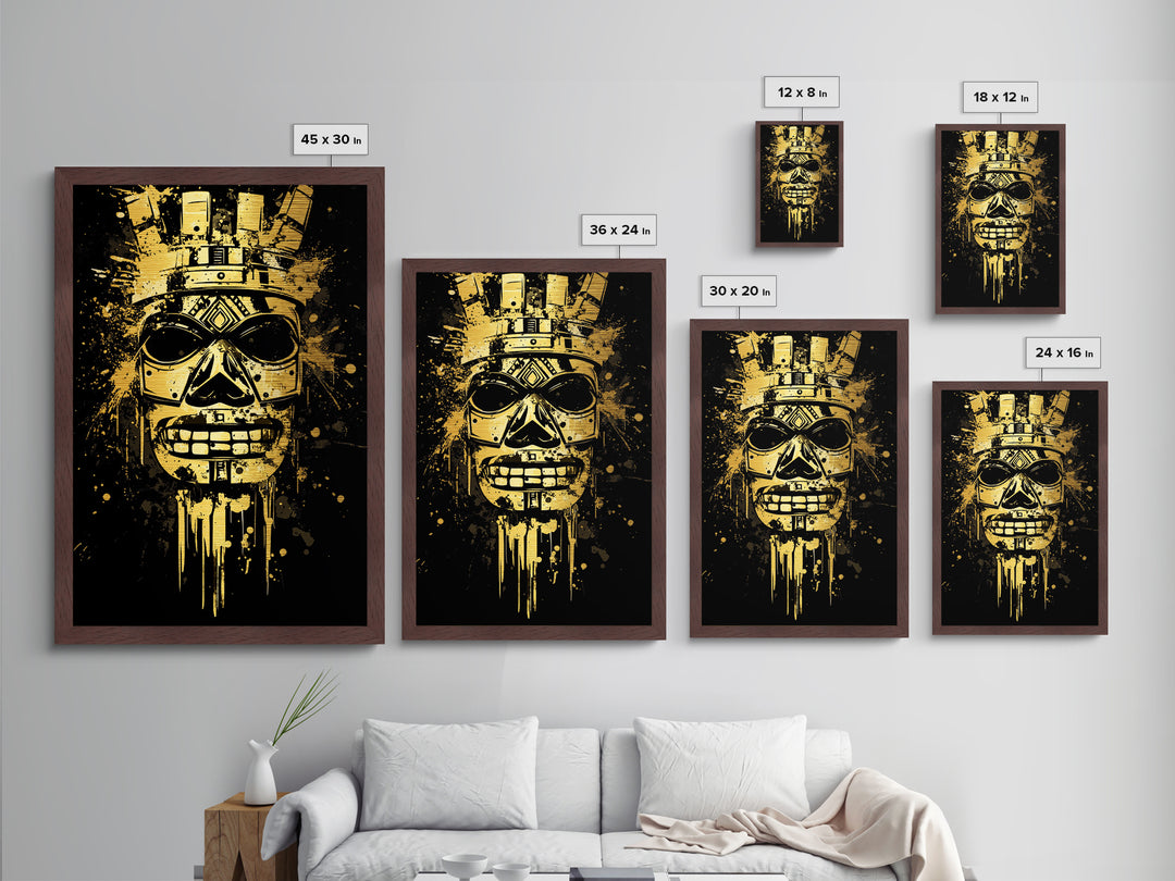 Ancient Warrior Mask Metallic Gold Metal Print, Bold Wall Art With Real Wood Frame, Cultural Splatter Style Home Decor