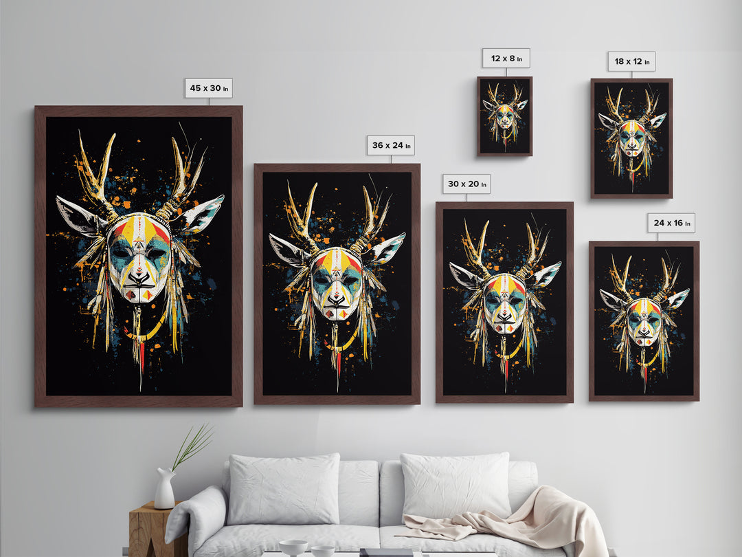 Deer Horn Mask Metallic Gold Metal Print, Tribal Wall Art With Real Wood Frame, Ethnic Splatter Style Bold Wall Accent