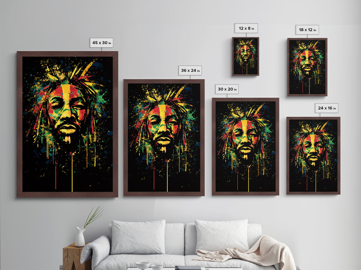 Rastafarian Portrait Metallic Gold Metal Print, Vibrant Cultural Wall Art With Real Wood Frame, Bold Splatter Style Decor