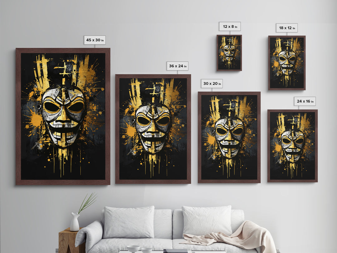 Tribal Warrior Mask Metallic Gold Metal Print, Fierce Mask Art, Bold Wall Decor, Real Wood Frame, Dramatic Splatter Effect Artwork