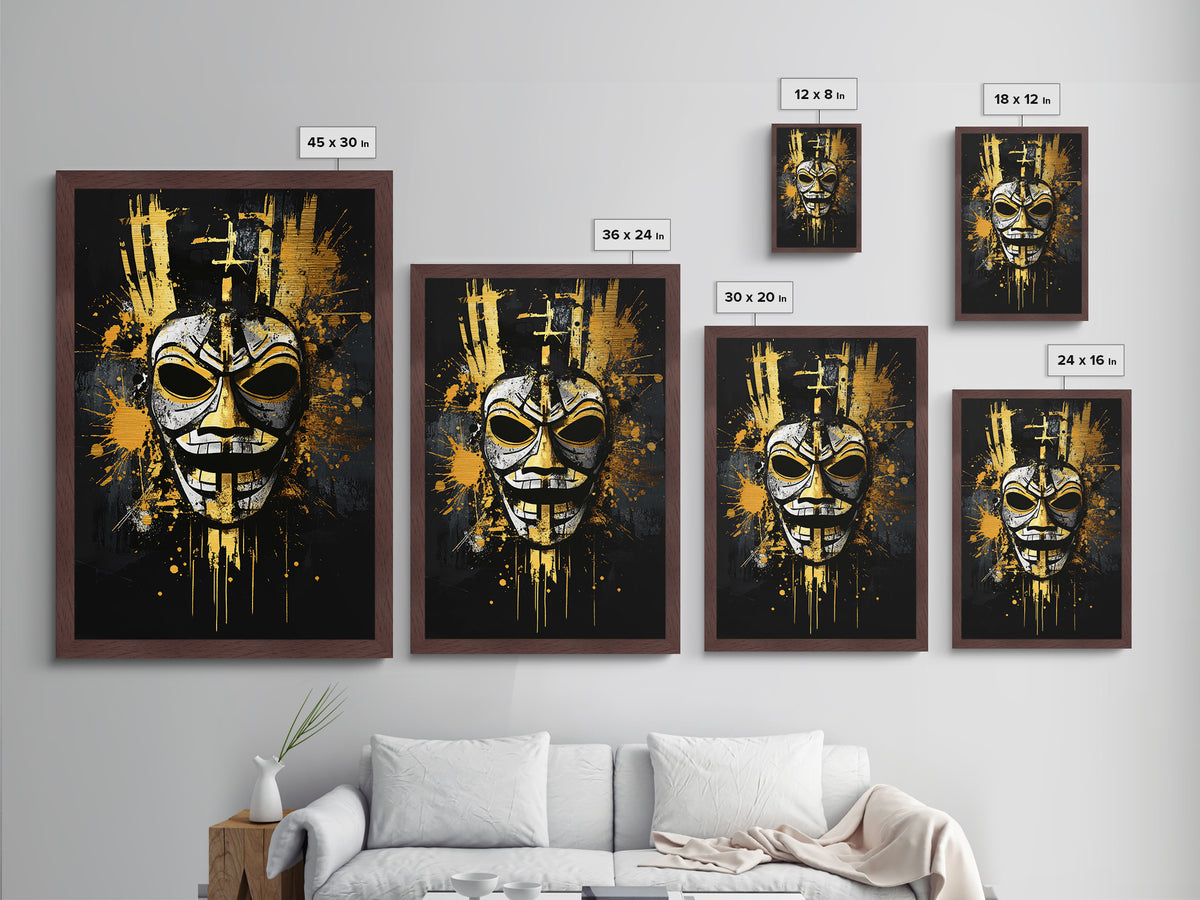 Tribal Warrior Mask Metallic Gold Metal Print, Fierce Mask Art, Bold Wall Decor, Real Wood Frame, Dramatic Splatter Effect Artwork