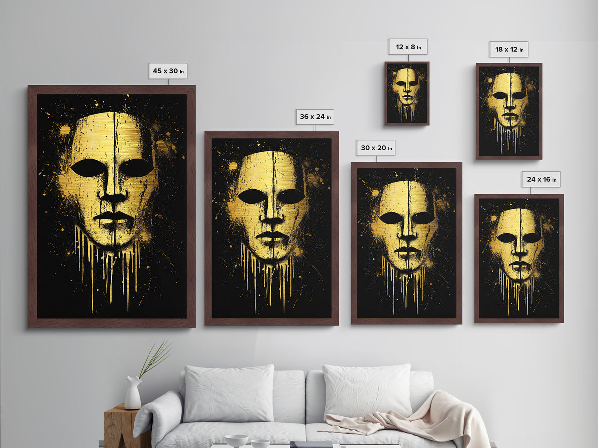 Ancient Warrior Mask Metallic Gold Metal Print, Bold Tribal Decor, Striking Wall Art, Real Wood Frame, Splatter Effect Modern Artwork