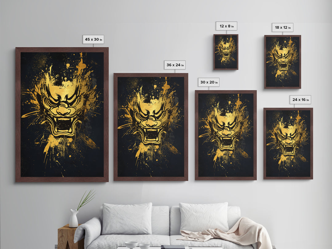 Mythical Dragon Face Metallic Gold Metal Print, Asian Inspired Art, Fierce Wall Decor, Real Wood Frame, Splatter Style Statement Artwork