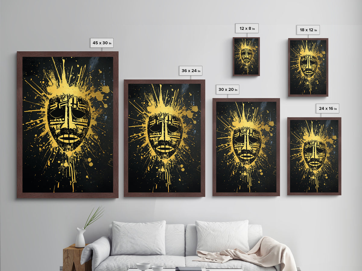 Tribal Mask Metallic Gold Metal Print, Ethnic Wall Art, Real Wood Frame, Splatter Abstract Face Decor, Modern Tribal Home Accent