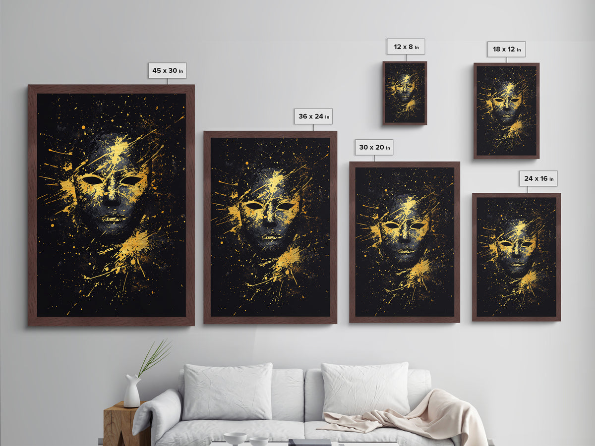 Mystical Face Metallic Gold Metal Print, Tribal Mask Art, Real Wood Frame, Splatter Abstract Decor, Cultural Ethnic Wall Accent