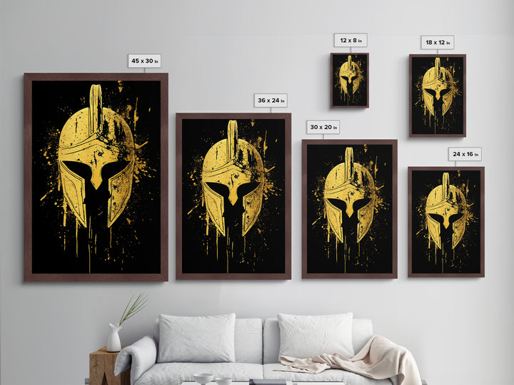 Spartan Helmet Metallic Gold Metal Print, Warrior Wall Art, Real Wood Frame, Bold Historic Decor, Ancient Greek Inspired Artwork