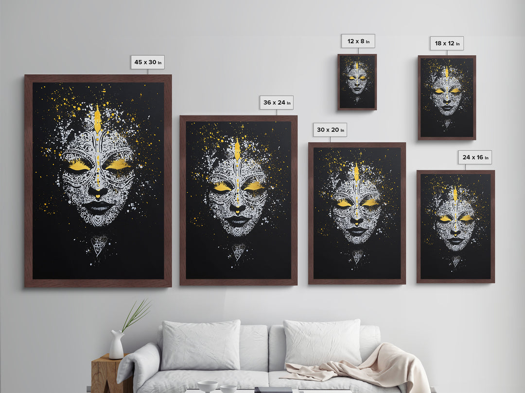 Demon Mask Metallic Gold Metal Print, Tribal Wall Art, Real Wood Frame, Mythical Splatter Art, Cultural Home Decor Accent