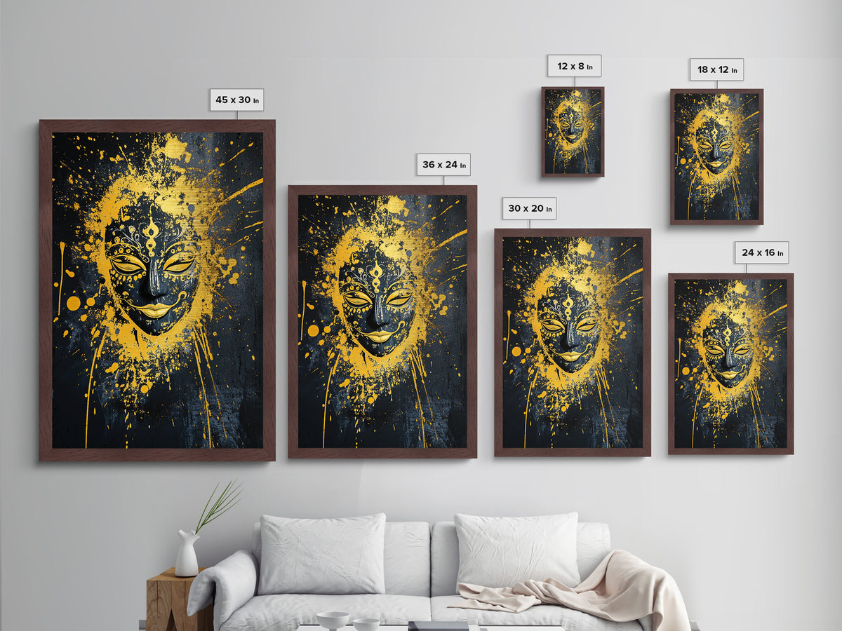Sacred Mask Metallic Gold Metal Print, Ethnic Wall Art, Real Wood Frame, Mystical Splatter Portrait, Tribal Inspired Home Decor