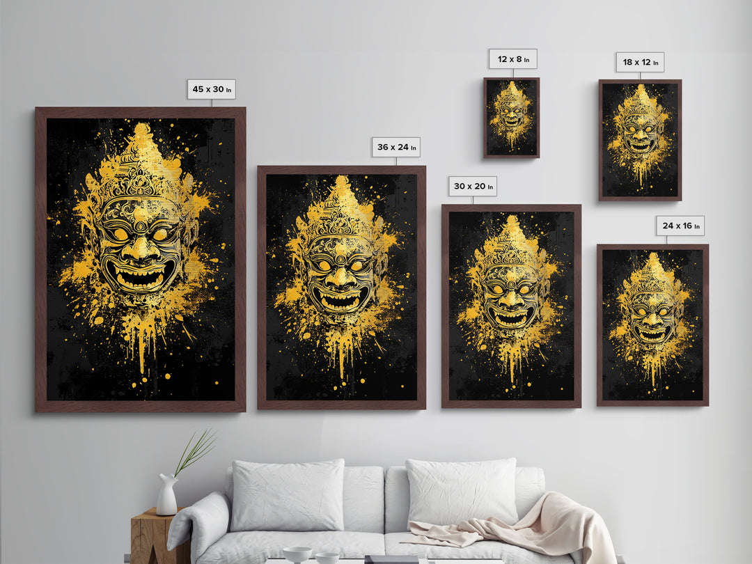 Ornamental Face Metallic Gold Metal Print, Tribal Mask Wall Art, Real Wood Frame, Ethnic Splatter Decor, Cultural Portrait Artwork