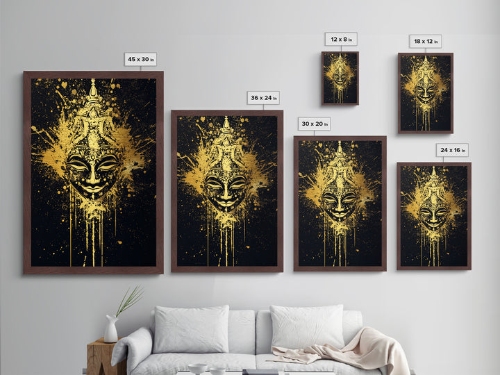 Decorative Mask Metallic Gold Metal Print, Tribal Wall Art, Real Wood Frame, Splatter Abstract Portrait, Ethnic Cultural Accent