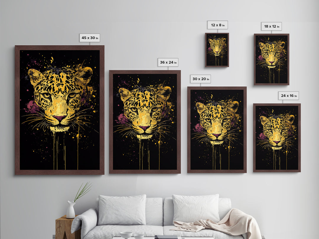 Leopard Portrait Metallic Gold Metal Print, Tribal Animal Art, Real Wood Frame, Splatter Wildlife Decor, Bold Exotic Jungle Artwork