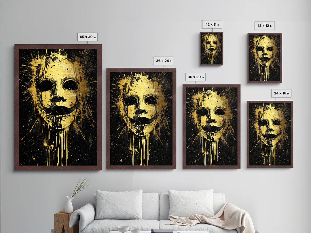 Tribal Mask Splatter Art, Metallic Gold Metal Print, Abstract Ethnic Wall Decor, Real Wood Frame, Modern Warrior Artwork