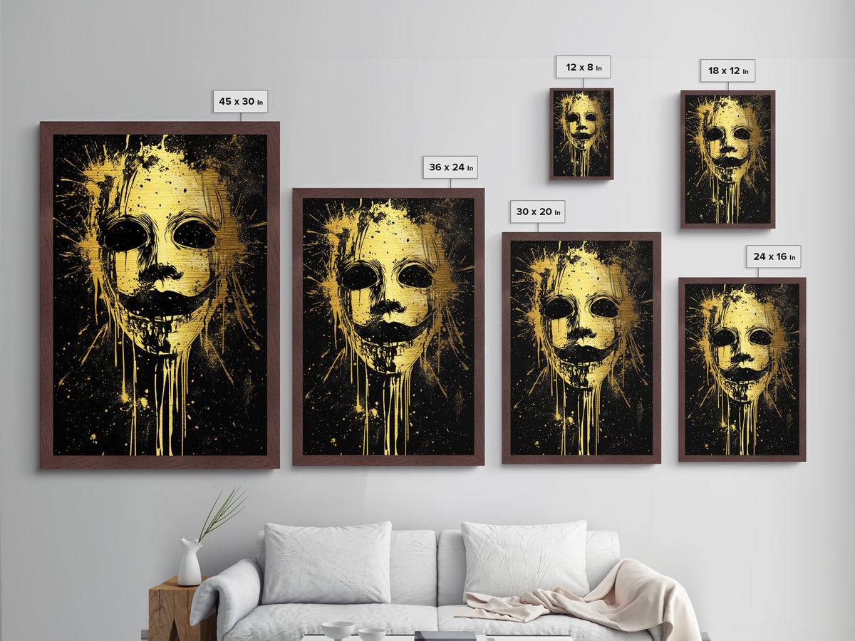 Tribal Mask Splatter Art, Metallic Gold Metal Print, Abstract Ethnic Wall Decor, Real Wood Frame, Modern Warrior Artwork
