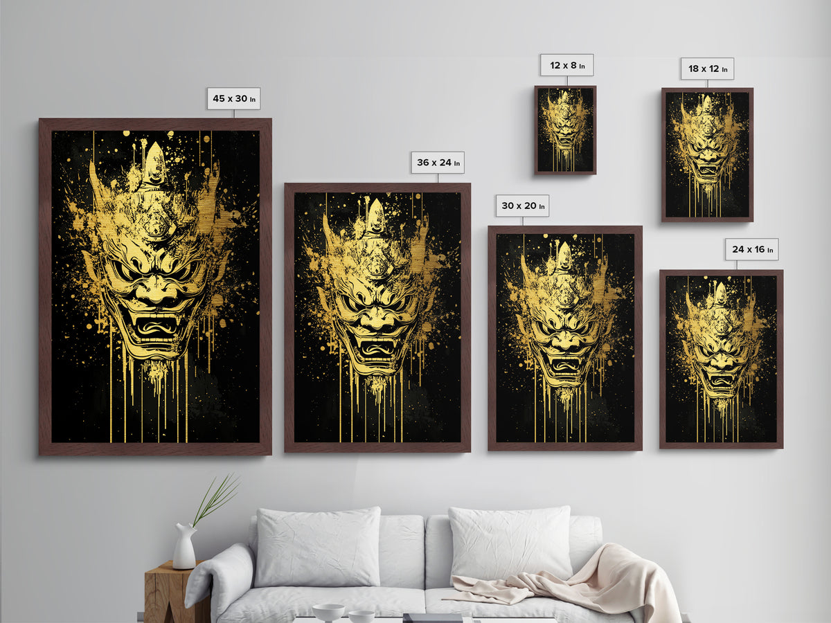 Mythical Demon Splatter Mask, Metallic Gold Metal Print, Bold Wall Art, Real Wood Frame, Fierce Cultural Decor
