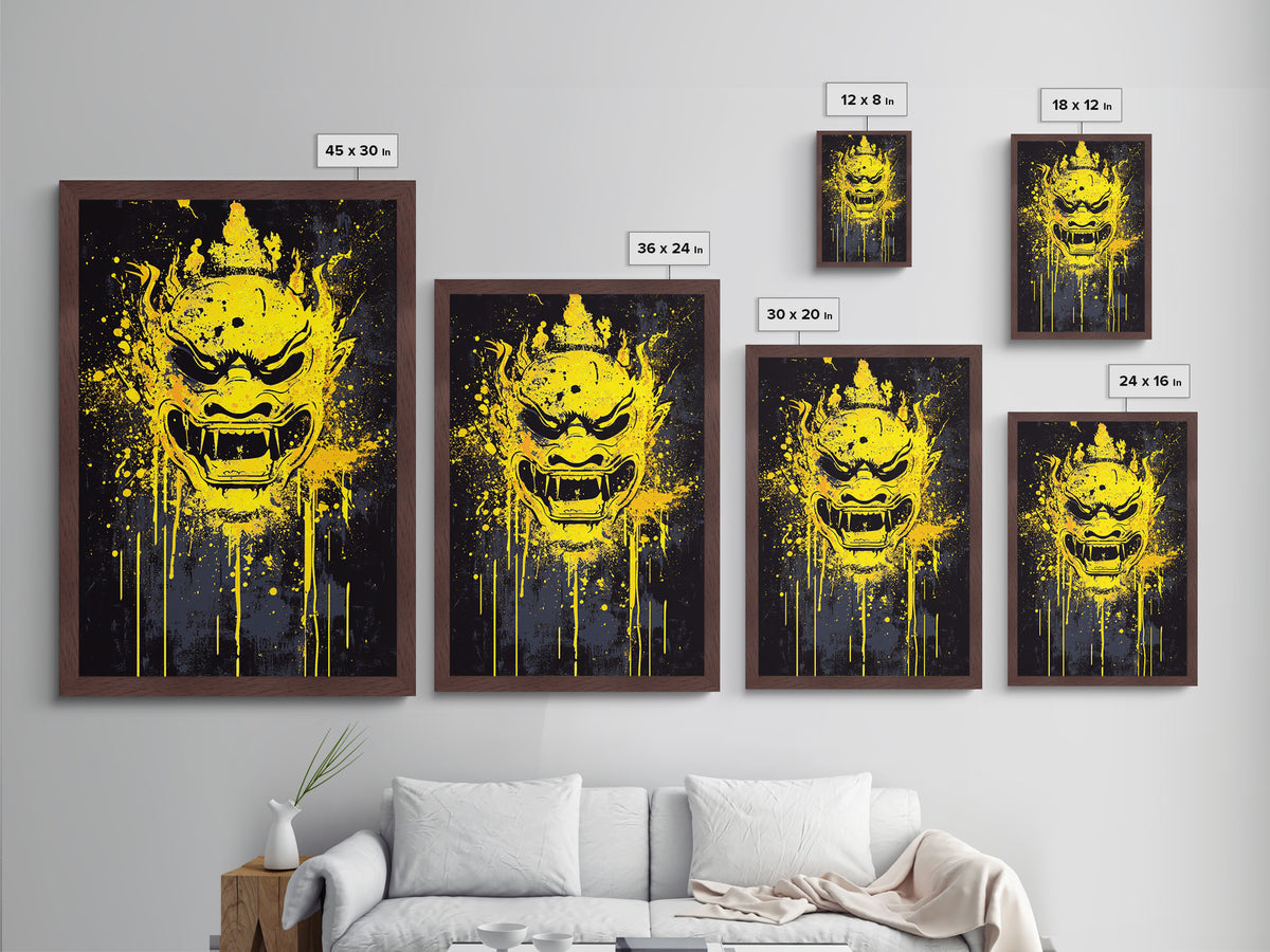 Sacred Mask Splatter Art, Metallic Gold Metal Print, Ethnic Spiritual Wall Decor, Real Wood Frame, Mystical Warrior Artwork