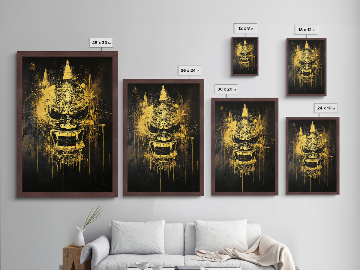 Ornate Splatter Face Mask, Metallic Gold Metal Print, Abstract Cultural Wall Art, Real Wood Frame, Detailed Tribal Artwork