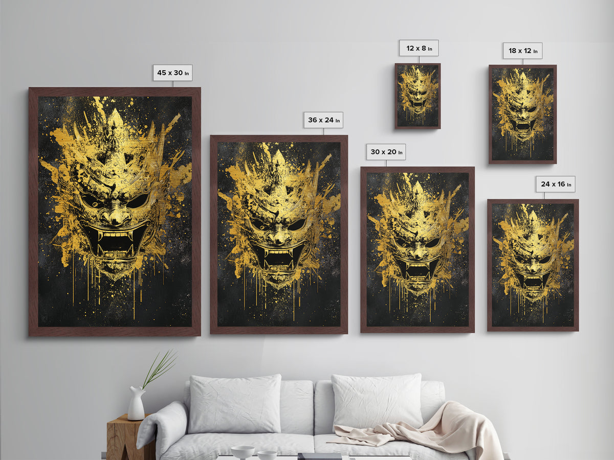 Decorative Tribal Splatter Mask, Metallic Gold Metal Print, Modern Ethnic Wall Decor, Real Wood Frame, Bold Statement Artwork