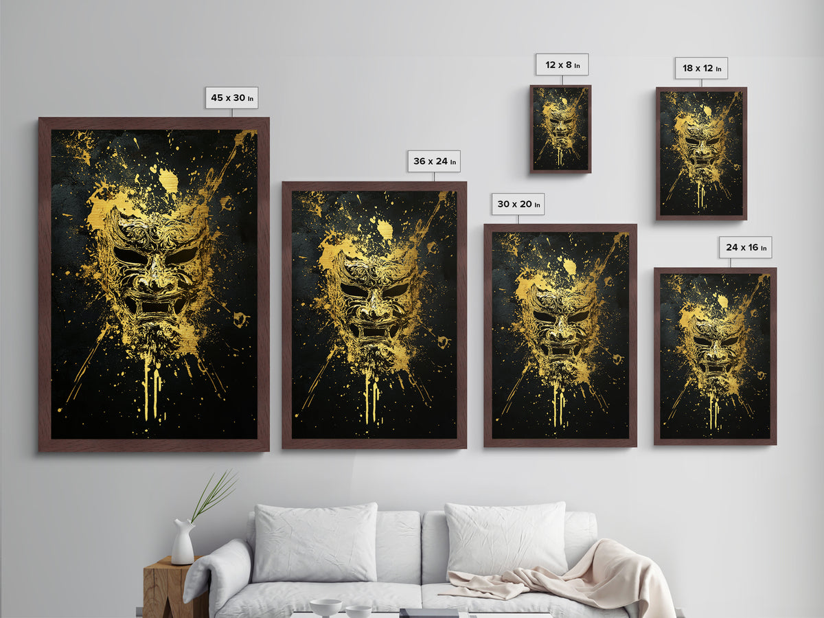 Fierce Demon Mask Metallic Gold Metal Print, Splatter Art Wall Decor, Mythical Wall Art, Real Wood Frame, Tribal Home Accent