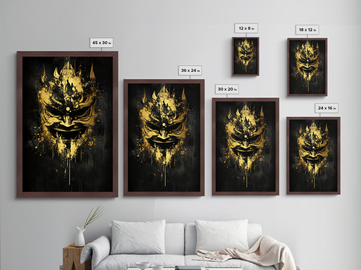 Vibrant Demon Face Metallic Gold Metal Print, Splatter Art Wall Decor, Tribal Mythical Mask, Real Wood Frame, Bold Home Accent