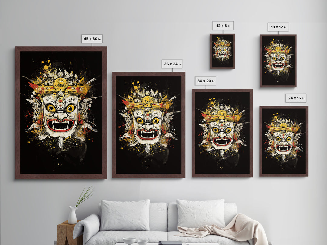 Balinese Mask Metallic Gold Metal Print, Splatter Art Wall Decor, Mythical Cultural Wall Art, Real Wood Frame, Tribal Home Accent