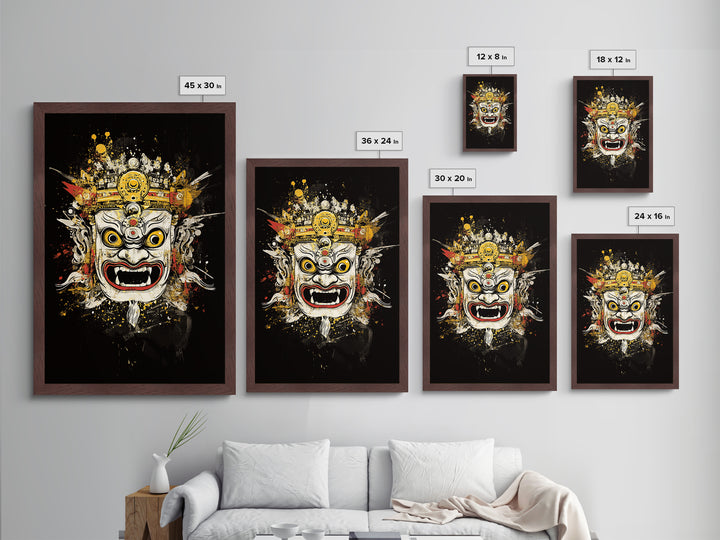 Balinese Mask Metallic Gold Metal Print, Splatter Art Wall Decor, Mythical Cultural Wall Art, Real Wood Frame, Tribal Home Accent
