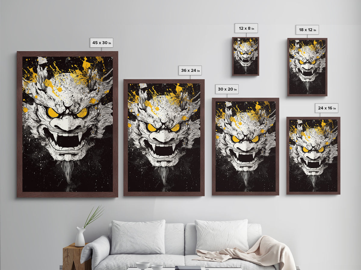 Dragon Demon Face Metallic Gold Metal Print, Splatter Style Wall Decor, Fierce Mythical Mask Art, Real Wood Frame, Tribal Home Accent