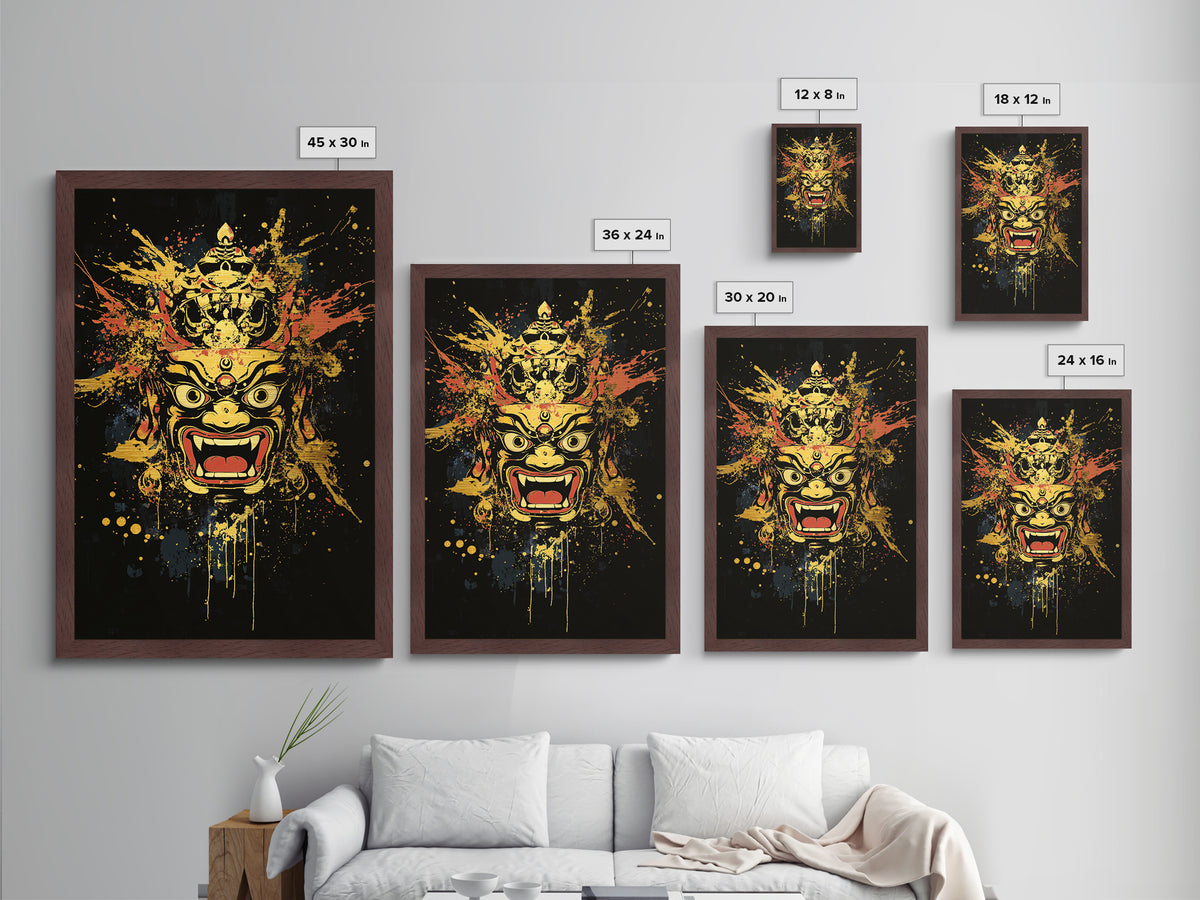 Fierce Mask Metallic Gold Metal Print, Splatter Art Wall Decor, Bold Tribal Mythical Face Art, Real Wood Frame, Statement Home Accent