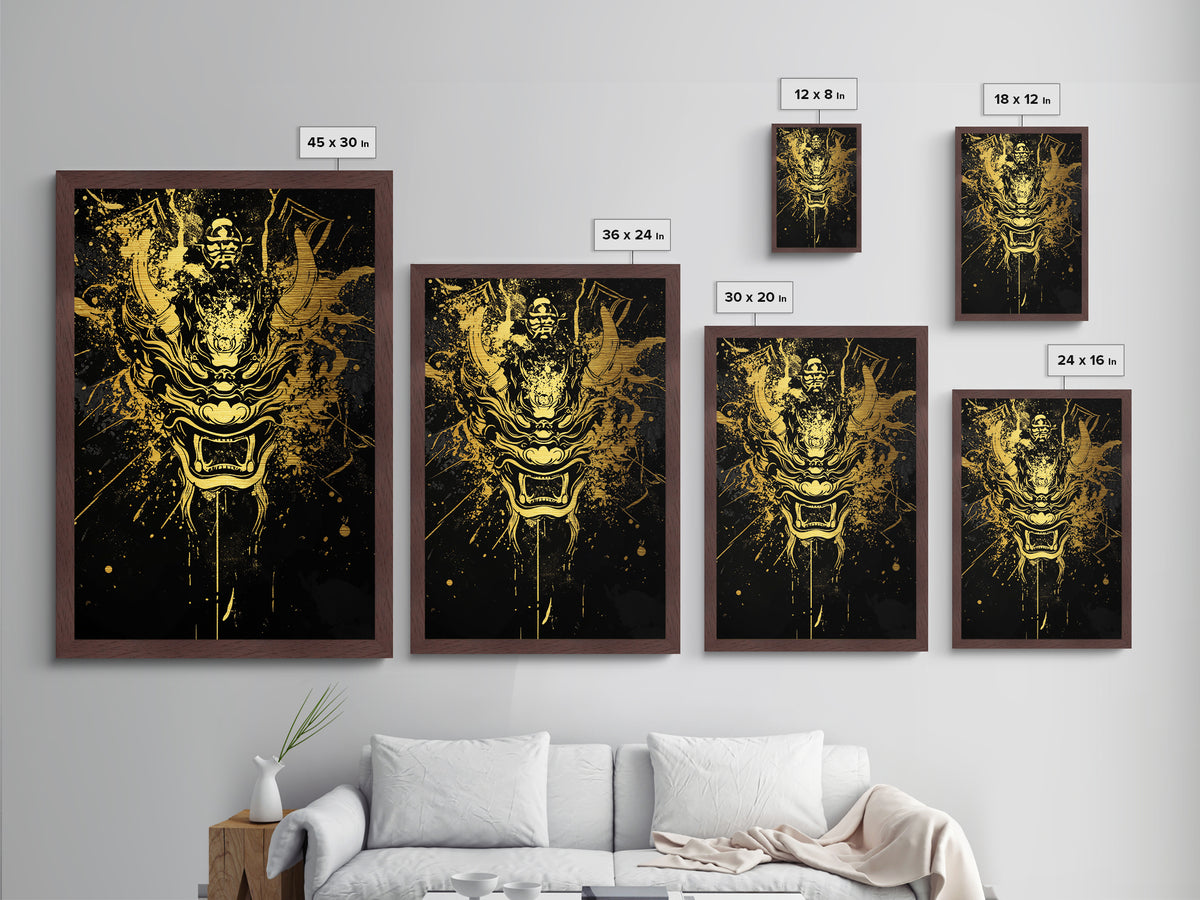 Samurai Demon Mask Metallic Gold Metal Print, Splatter Style Wall Decor, Warrior Inspired Wall Art, Real Wood Frame, Tribal Home Accent