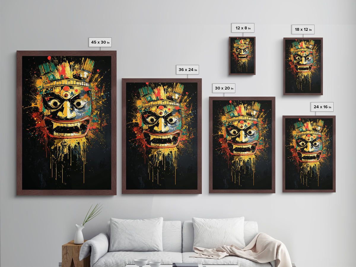 Aztec Warrior Mask Metallic Gold Metal Print, Tribal Wall Art, Splatter Style Decor, Real Wood Frame, Bold Statement Piece