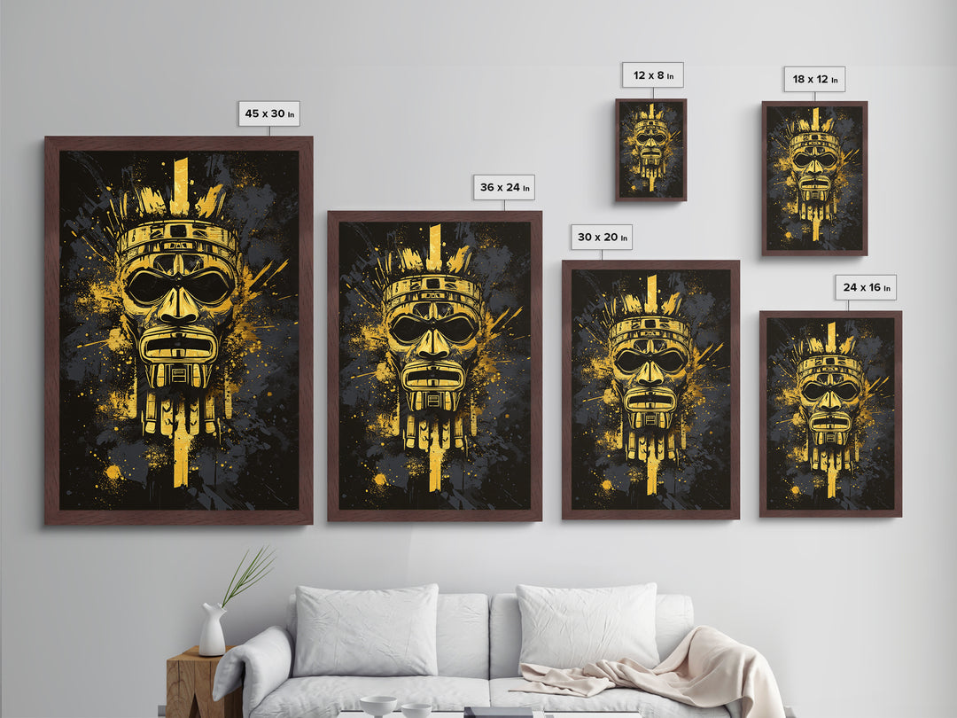 Aztec Chief Mask Metallic Gold Metal Print, Tribal Heritage Wall Art, Splatter Ink Style, Real Wood Frame, Striking Home Accent