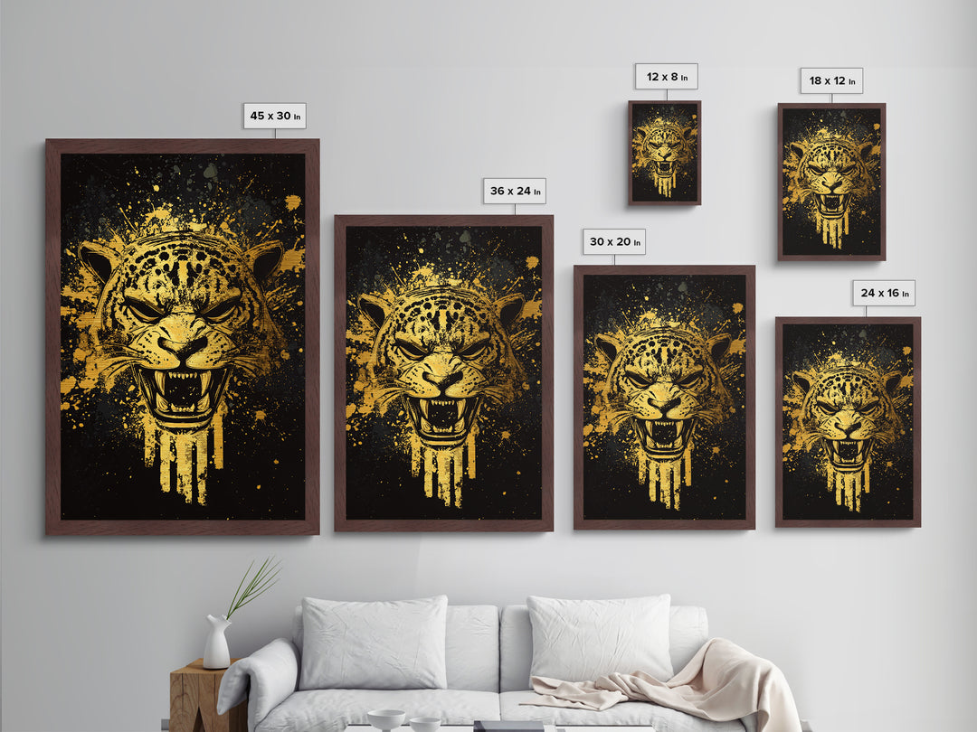 Jaguar Warrior Metallic Gold Metal Print, Aztec Animal Spirit Wall Art, Splatter Ink Style, Real Wood Frame, Fierce Tribal Decor