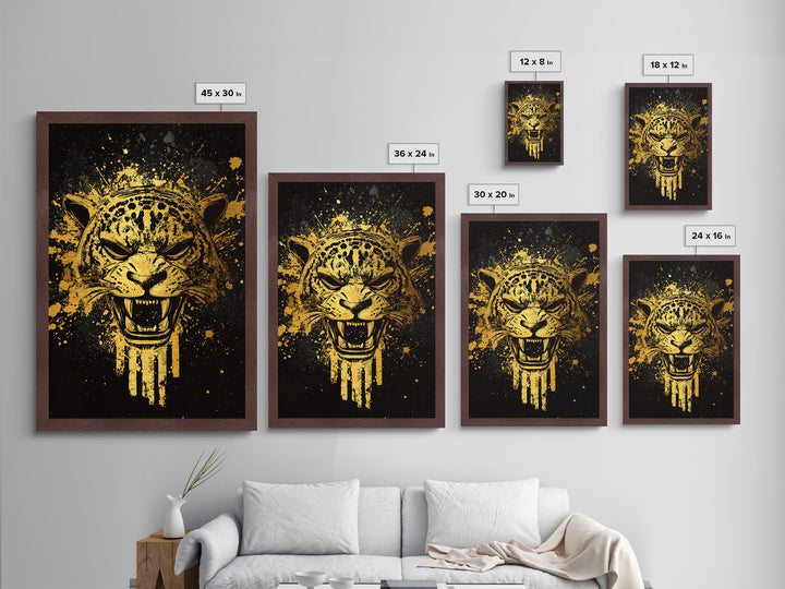 Jaguar Warrior Metallic Gold Metal Print, Aztec Animal Spirit Wall Art, Splatter Ink Style, Real Wood Frame, Fierce Tribal Decor