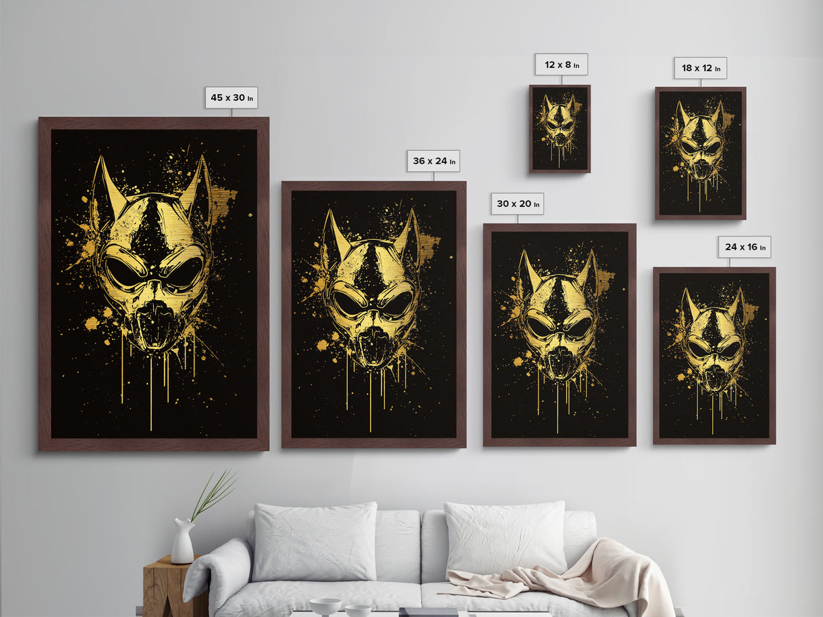 Dog Spirit Mask Metallic Gold Metal Print, Tribal Guardian Wall Art, Splatter Style Ink, Real Wood Frame, Fierce Bold Home Decor