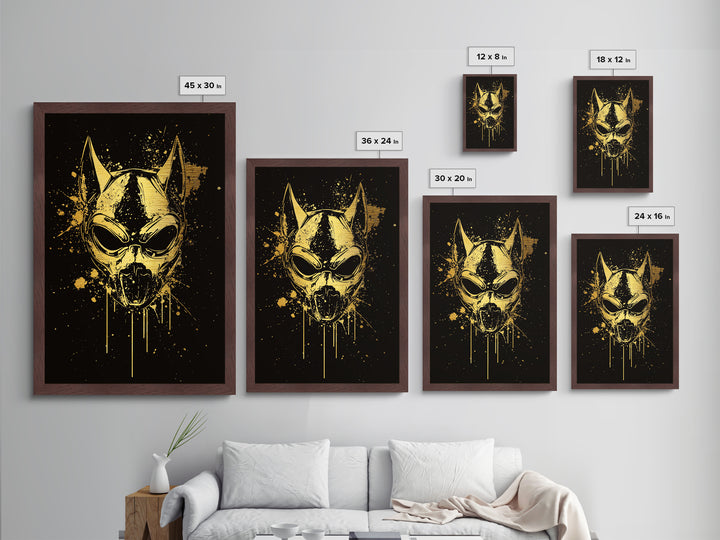 Dog Spirit Mask Metallic Gold Metal Print, Tribal Guardian Wall Art, Splatter Style Ink, Real Wood Frame, Fierce Bold Home Decor