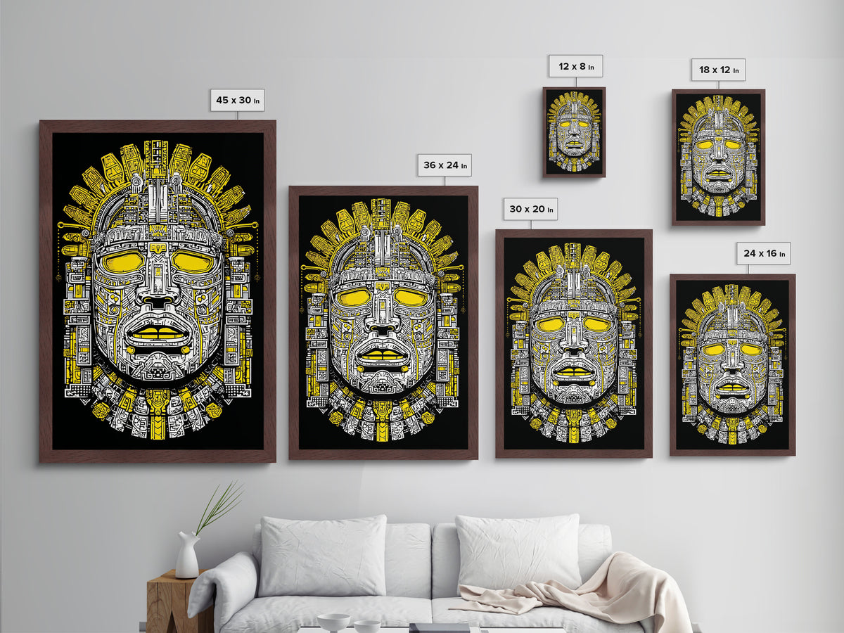 Aztec Sun Mask Metallic Gold Metal Print, Bold Tribal Face Artwork, Ancient Splatter Style Wall Decor, Real Wood Frame
