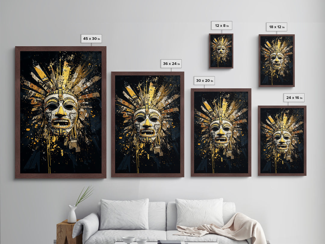 Aztec Feather Headdress Metallic Gold Metal Print, Ornate Tribal Face Artwork, Mythic Wall Decor, Real Wood Frame