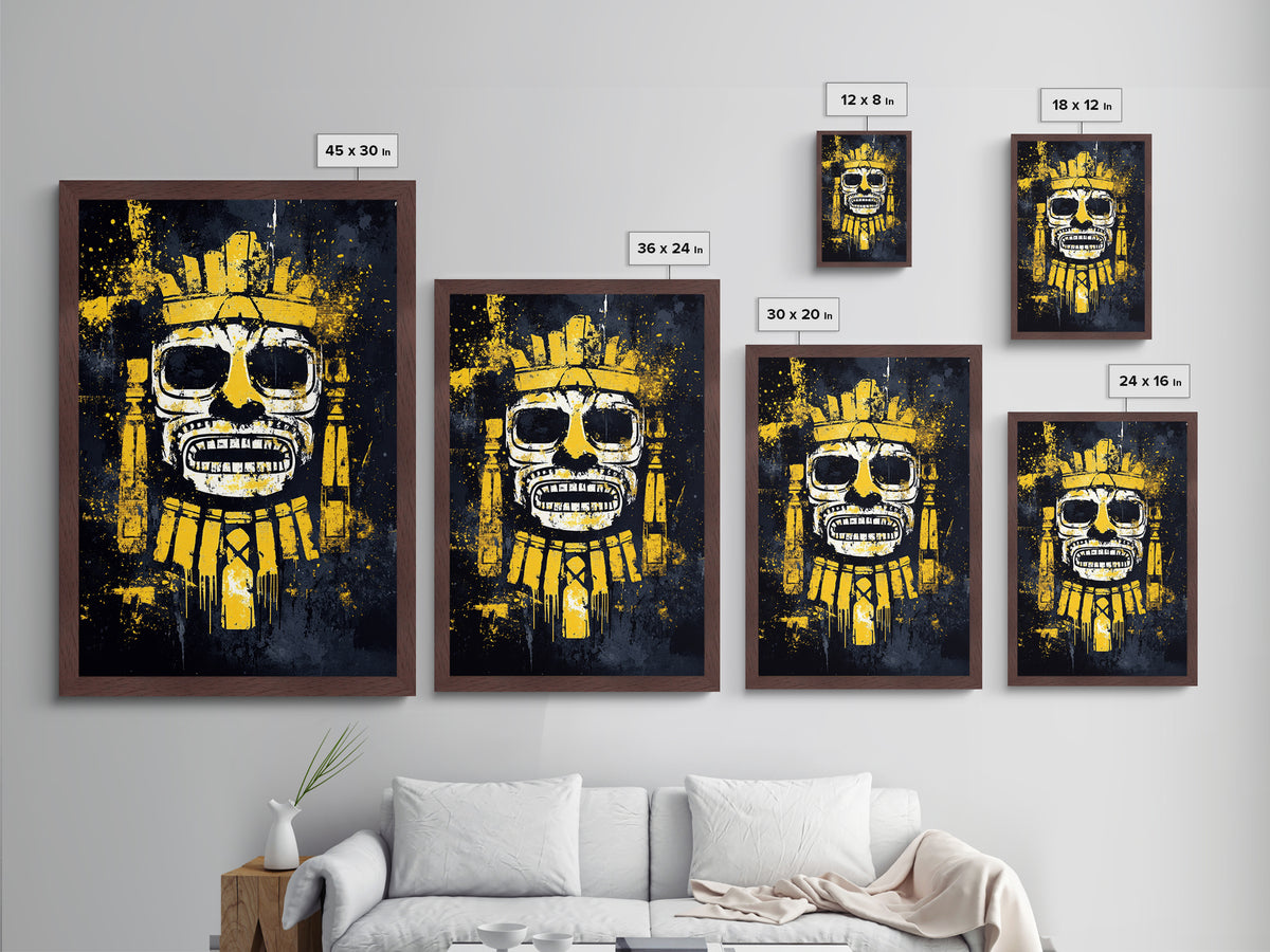 Aztec Feathered Warrior Metallic Gold Metal Print, Ornate Tribal Face Artwork, Ancient Wall Decor, Real Wood Frame