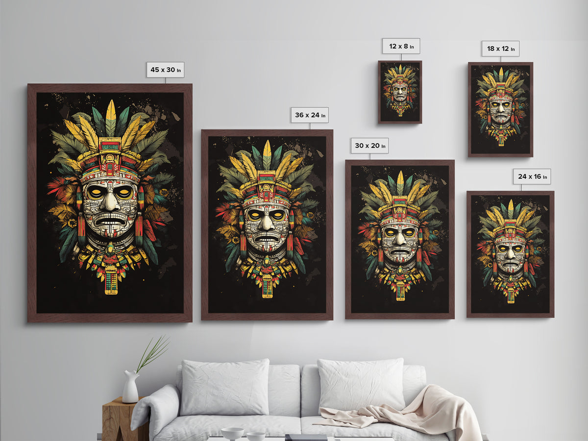 Aztec Sun God Mask Metallic Gold Metal Print, Ornate Tribal Face Artwork, Ancient Mythic Wall Hanging Decor, Real Wood Frame