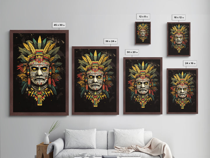 Aztec Sun God Mask Metallic Gold Metal Print, Ornate Tribal Face Artwork, Ancient Mythic Wall Hanging Decor, Real Wood Frame