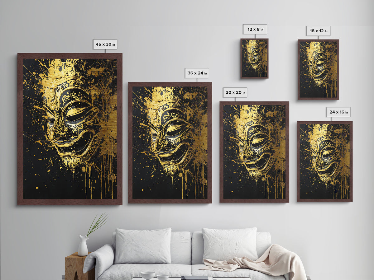 Traditional Mask Metallic Gold Art, Intricate Wall Art, Cultural Spirit Artwork, Real Wood Frame, Unique Splatter Pattern Home Decor