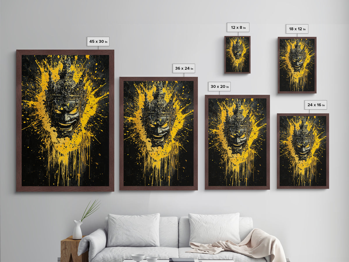 Tribal Mask Metallic Gold Metal Print, Modern Splatter Art, Cultural Wall Decor, Bold Tribal Artwork, Real Wood Framed