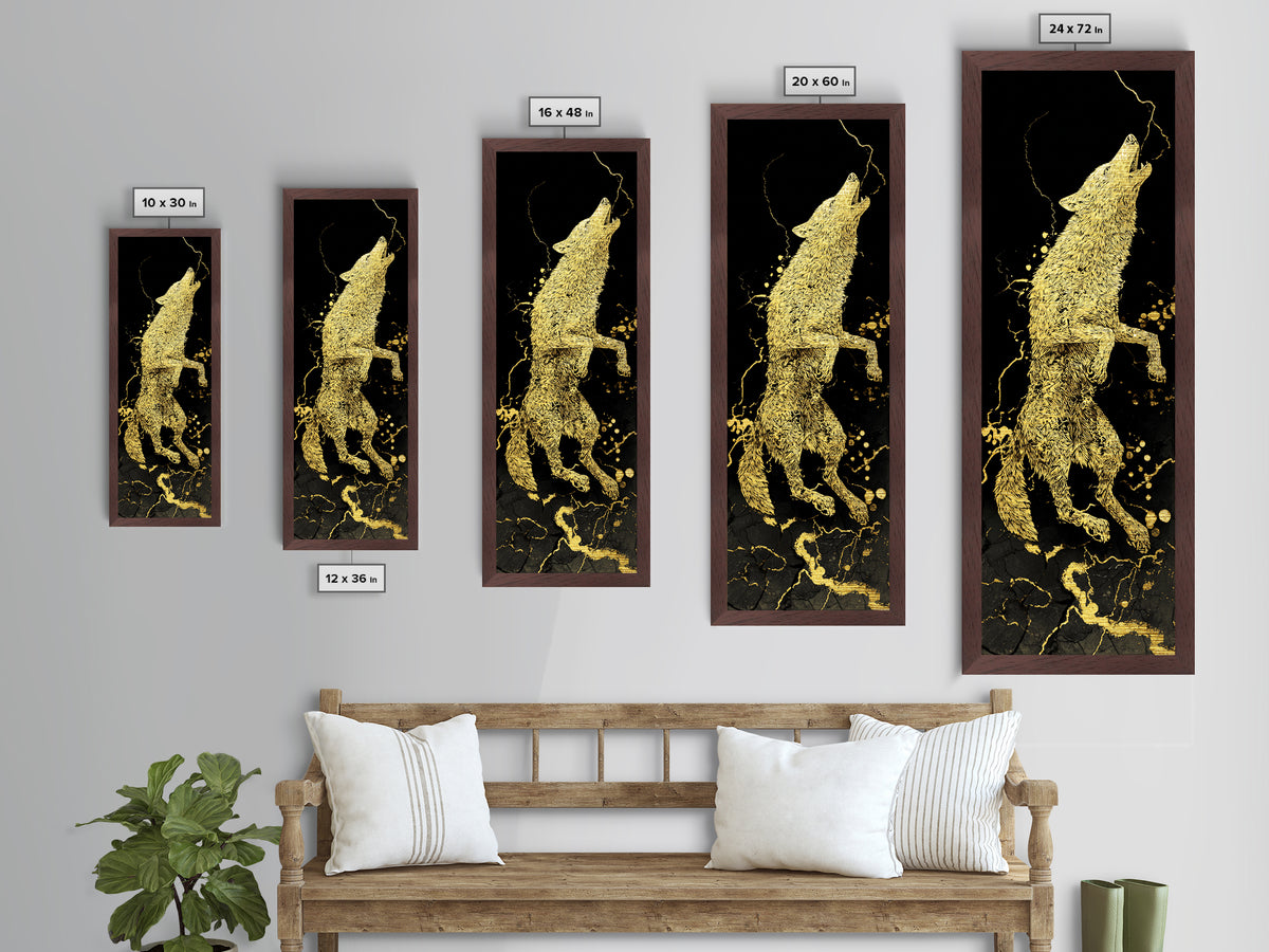 Wolf Fenrir Norse Mythology Metallic Gold Art Metal Art, Viking Office Wall Decor for Men, framed in natural real wood