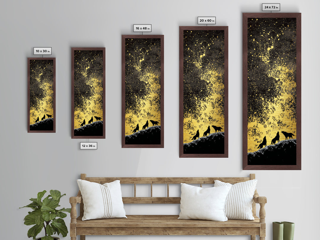 Howling Wolves Norse Night Metallic Gold Art Metal Art, Nordic Mythology Wall Art for Men’s Office, framed with real wood