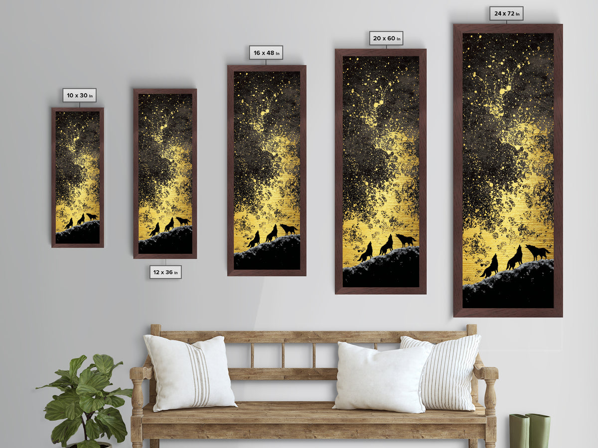Howling Wolves Norse Night Metallic Gold Art Metal Art, Nordic Mythology Wall Art for Men’s Office, framed with real wood