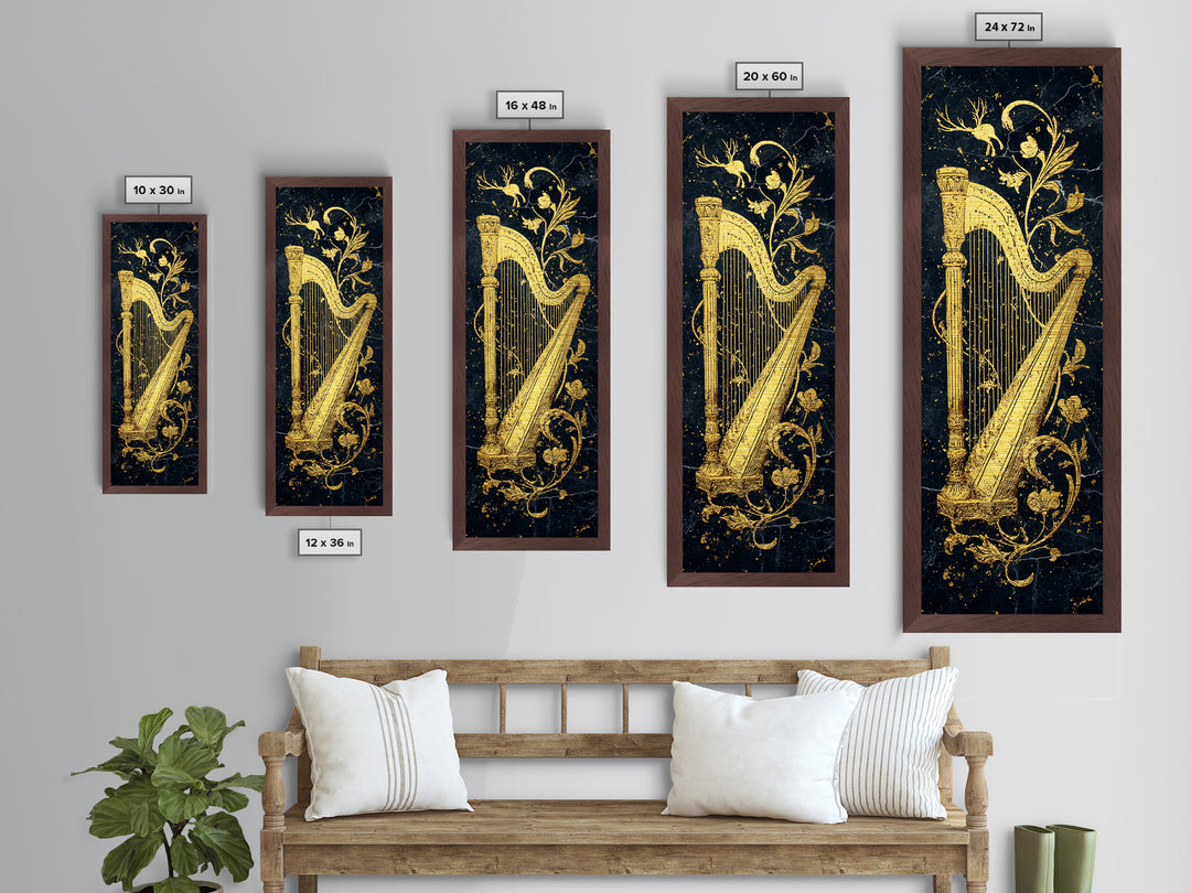 Golden Harp Nordic Wall Art, Wood Framed Metal Art, Metallic Gold Art, Gold Leaf, Gold Foil Art