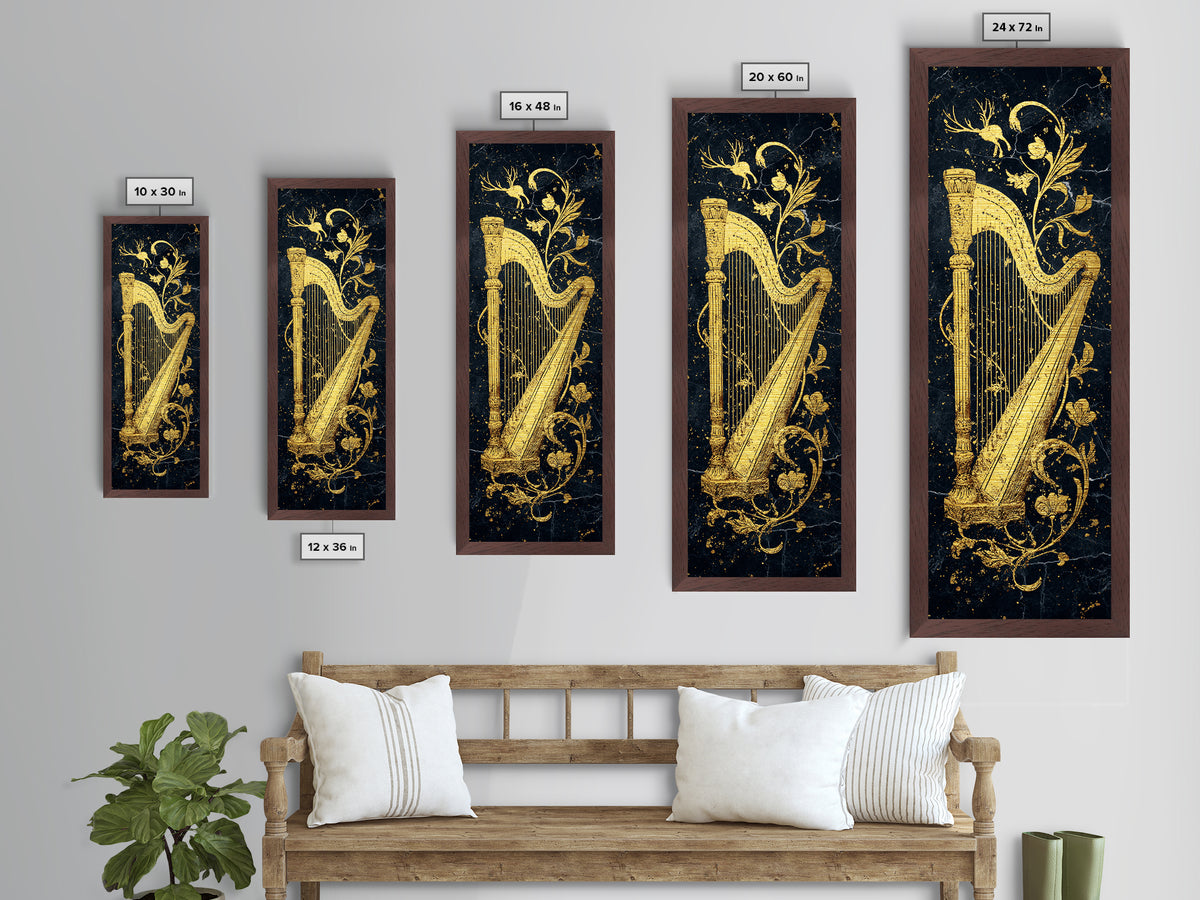 Golden Harp Nordic Wall Art, Wood Framed Metal Art, Metallic Gold Art, Gold Leaf, Gold Foil Art