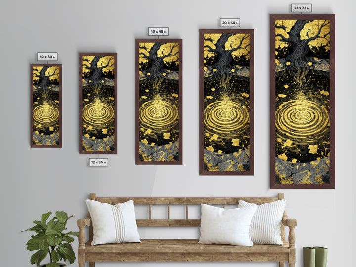 Yggdrasil Tree Metallic Gold Art Metal Art | Nordic Mythology Wall Art of World Tree | Viking Office Decor Framed with Natural Wood