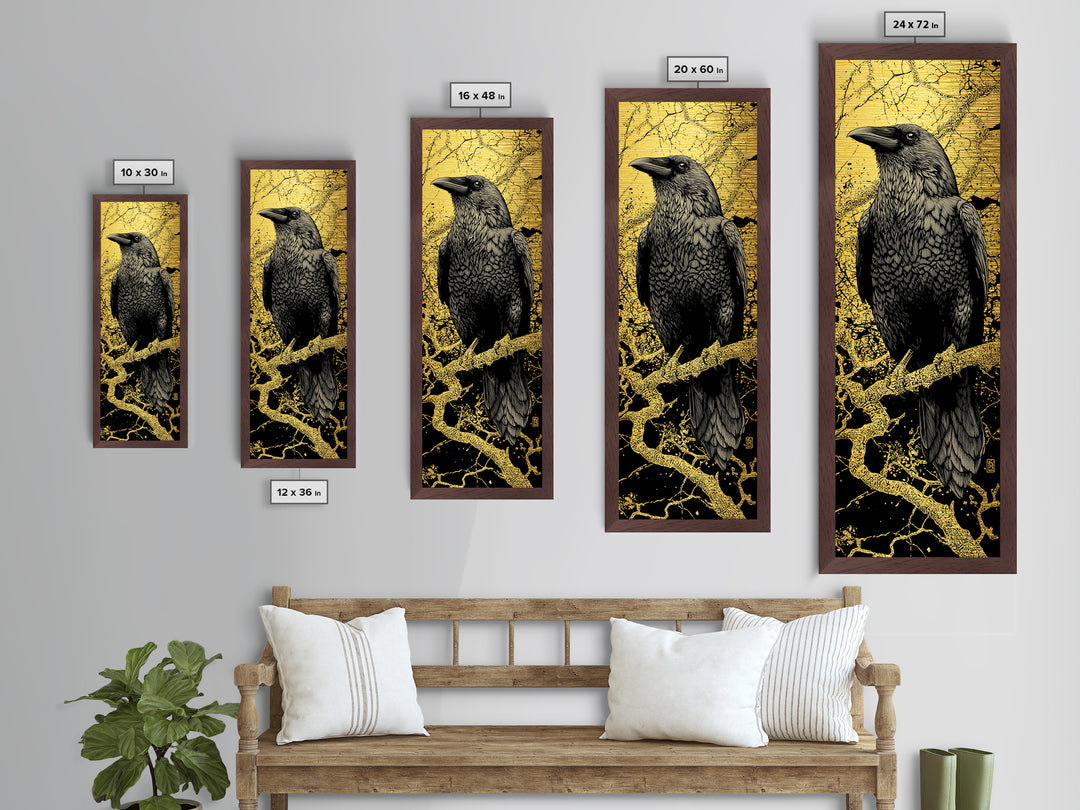 Hugin Raven Metallic Gold Art Metal Art | Nordic Mythology Wall Decor of Odin’s Raven | Viking Office Art Framed in Natural Wood