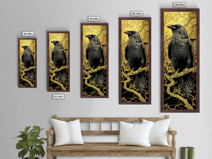 Hugin Raven Metallic Gold Art Metal Art | Nordic Mythology Wall Decor of Odin’s Raven | Viking Office Art Framed in Natural Wood
