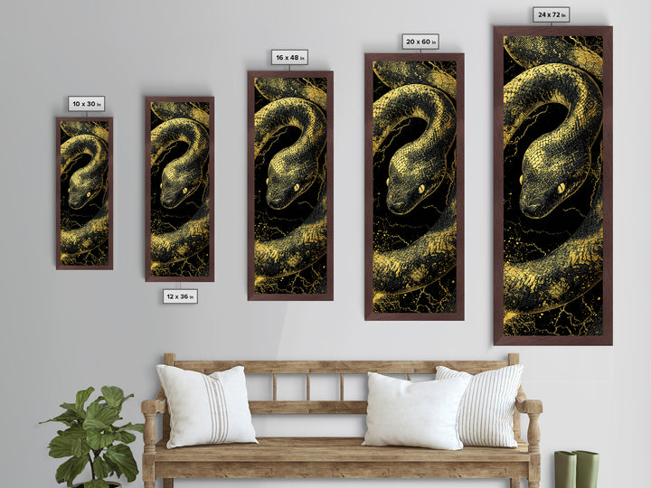 Nordic Snake Metallic Gold Art Metal Art | Viking Mythology Inspired Serpent Wall Decor | Man Cave or Dad Gift Framed in Real Wood